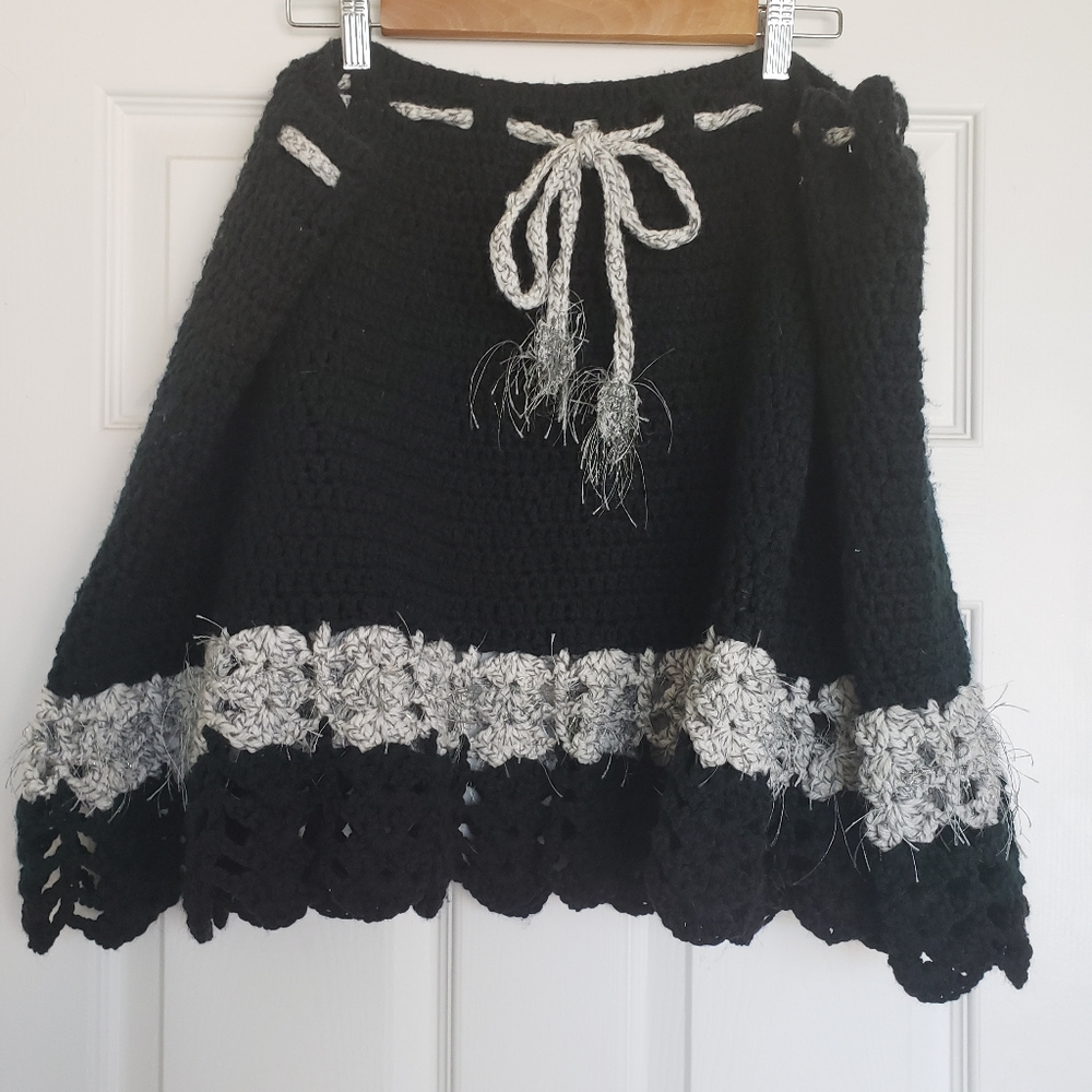 Plus Sized Crocheted Boho Skirt, Silver Sparklies, Frilly Hem